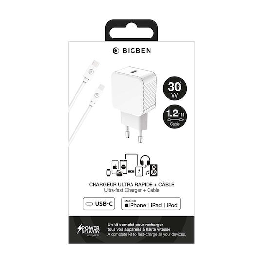 BigBen Connected Încărcător Cu Port USB-C Și Cablu USB-C - Lightning 30W Livrarea Energiei Alb