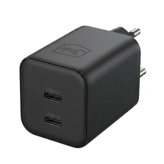 3MK Φορτιστής Χωρίς Καλώδιο GaN με 2 Θύρες USB-C 45W Power Delivery / Quick Charge 4.0 Μαύρος (Hyper)