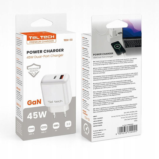 Teltech GaN Handyladegerät Ohne Kabel mit USB-A und USB-C Ausgangsanschlüsse 45W Stromlieferung Weiß (TCH-03)