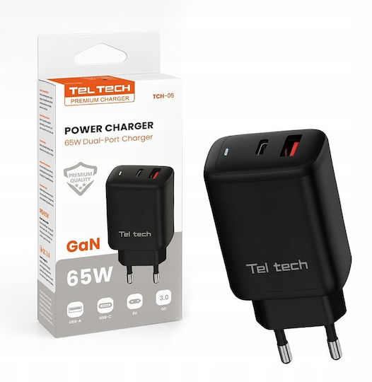 Teltech Charger Without Cable GaN with USB-A Port and USB-C Port 65W Power Delivery Black (TCH-05)