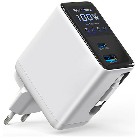 4Smarts GaN Charger with USB-A Port and USB-C Port and USB-C Cable 100W Power Delivery White (Flex Screen AI)