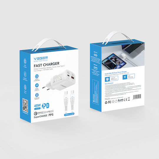 Veger GaN Charger with USB-A Port and USB-C Port and USB-C - USB-C Cable 45W Power Delivery / SuperCharge White (TR101)