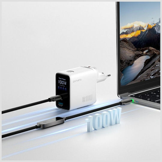 4Smarts GaN Charger with USB-A Port and USB-C Port and USB-C Cable 100W Power Delivery White (Flex Screen AI)