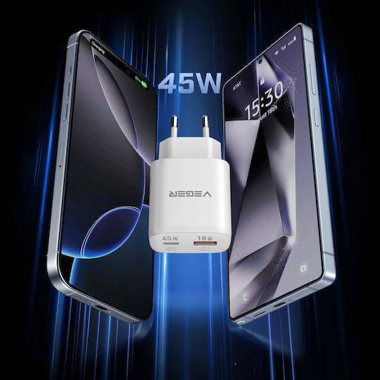 Veger GaN Charger with USB-A Port and USB-C Port and USB-C - USB-C Cable 45W Power Delivery / SuperCharge White (TR101)