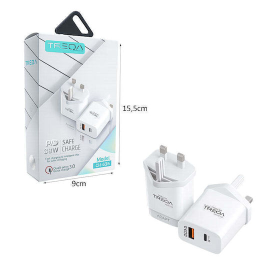 Treqa Handyladegerät Ohne Kabel mit USB-A Ausgangsanschluss und USB-C Ausgangsanschluss 38W Stromlieferung Weiß (CH-635)