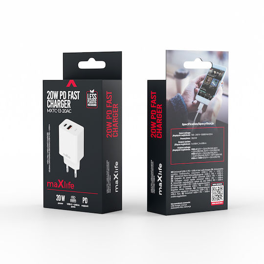 Maxlife Ladegerät ohne Kabel mit USB-A Anschluss und USB-C Anschluss 20W Stromlieferung Weißs (MXTC-13-20AC)