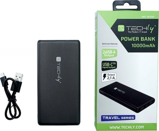 Techly 362541 Power Bank 10000mAh με 2 Θύρες USB-A και Θύρα USB-C Μαύρο