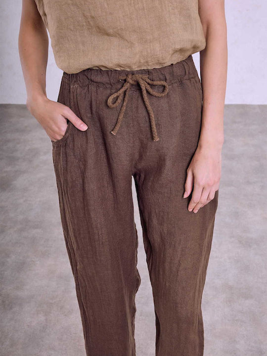 Celestino Women's Linen Plain Dark Brown Trousers