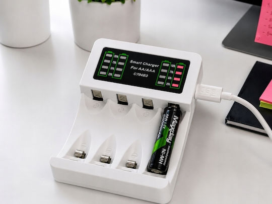 MAXDAY USB Φορτιστής 4 Μπαταριών Ni-Cd/Ni-MH Μεγέθους AA/AAA Σετ με 4 AAA 2800mAh σε Λευκό χρώμα
