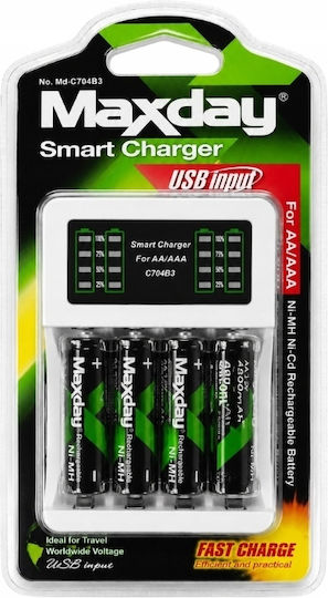Verk Group Maxday USB Φορτιστής 4 Μπαταριών Ni-Cd/Ni-MH Μεγέθους AA/AAA Σετ με 4 AA 4800mAh σε Λευκό χρώμα