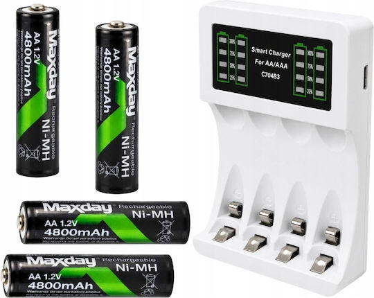 Verk Group Maxday USB Φορτιστής 4 Μπαταριών Ni-Cd/Ni-MH Μεγέθους AA/AAA Σετ με 4 AA 4800mAh σε Λευκό χρώμα