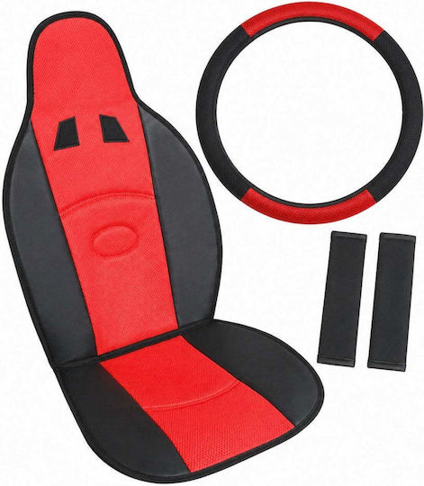 Universal Car Seat Cushion Set 5 Pieces Steering Wheel Cover & Seatbelt Protectors Pvc & Non-Slip Sponge Red Black
