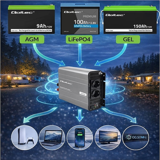 Qoltec Μετατροπέας Τάσης Ms Wave 12v 230v 2500/5000w Usb Συμβατός Lifepo4 Gel Agm