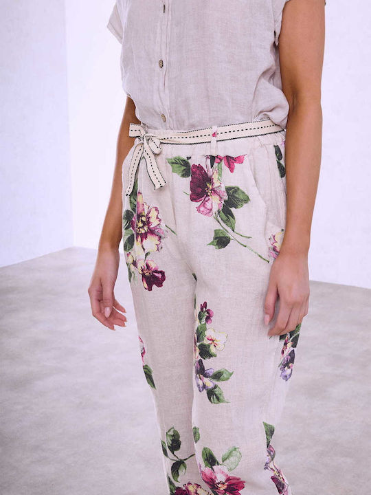 Celestino Pantaloni Dama Din In Floral Cu Curea Bej