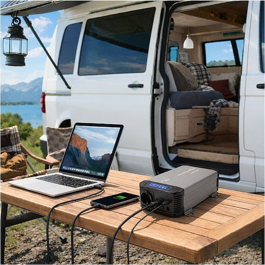 Qoltec Μετατροπέας Τάσης Pure Sine Wave 12v 230v 1000/2000w Ups Bypass Lcd Usb Usb-c Συμβατός Lifepo4 Gel Agm