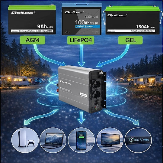Qoltec Μετατροπέας Τάσης Ms Wave 12v 230v 2000w/4000w Usb Συμβατός Lifepo4 Gel Agm