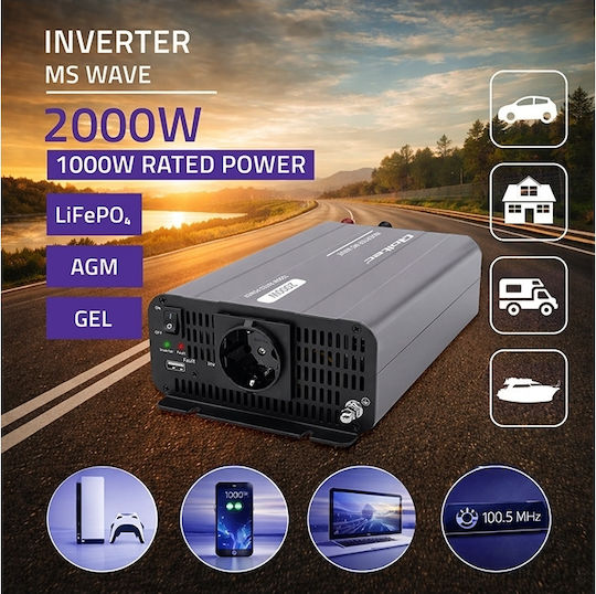 Qoltec Μετατροπέας Τάσης Ms Wave 12v 230v 1000w/2000w Usb Συμβατός Lifepo4 Gel Agm