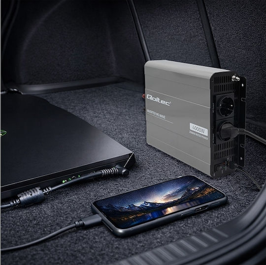 Qoltec Μετατροπέας Τάσης Ms Wave 12v 230v 2000w/4000w Usb Συμβατός Lifepo4 Gel Agm