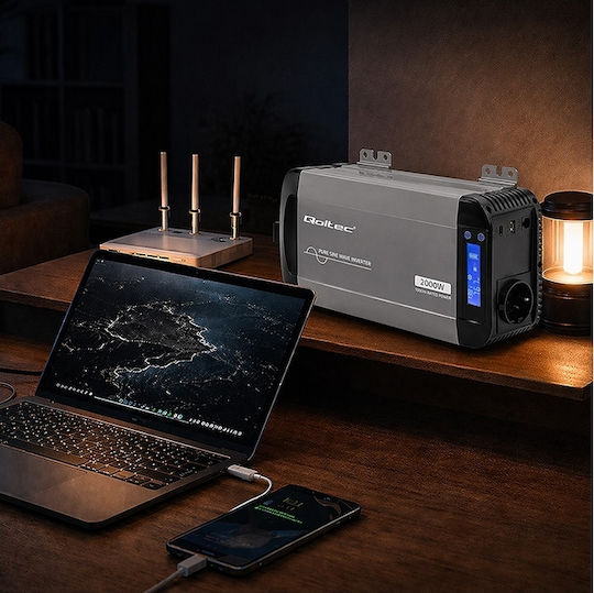 Qoltec Auto-Stromwandler Reine Sinuswelle 12v 230v 1000/2000w Lcd Usb Usb-c kompatibel Lifepo4 Gel Agm