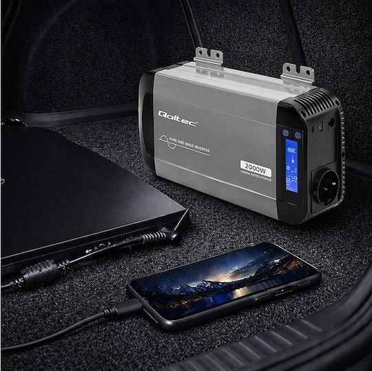 Qoltec Auto-Stromwandler Reine Sinuswelle 12v 230v 1000/2000w Lcd Usb Usb-c kompatibel Lifepo4 Gel Agm