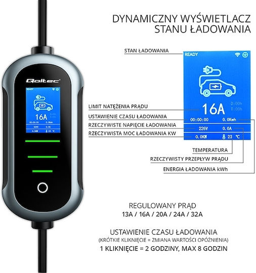 Qoltec Φορητός Σταθμός Φόρτισης 7kW με Ενσωματωμένο Καλώδιο Type 2