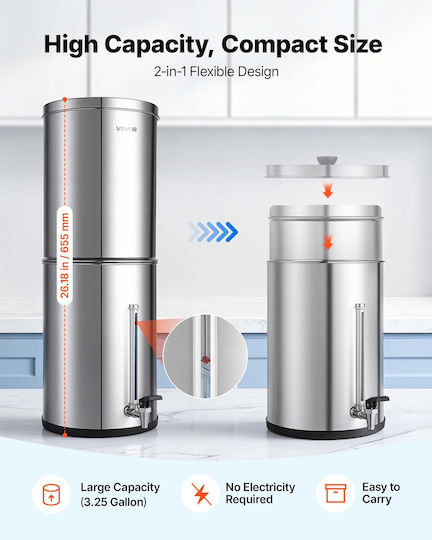 Vevor Water Filtration System Gravity Feed Countertop Water Filtration System Stainless Steel 12.3L 304 Reduces Lead Up To 99% Chlorine 2 Carbon Filters Water Level Faucet Camping At Home