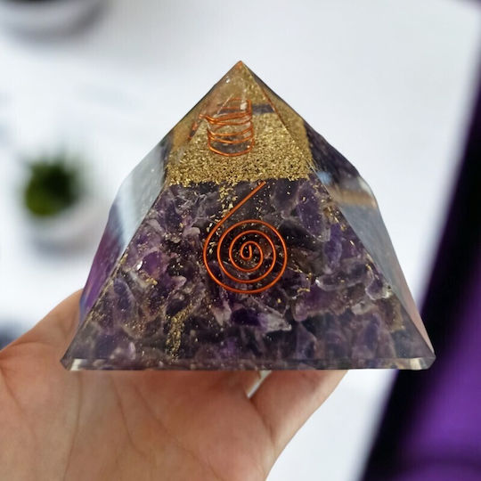 Piramidă Orgonică Din Cristal De Ametist Arya Cu Spirală Din Cupru Și Vârf De Cuarț