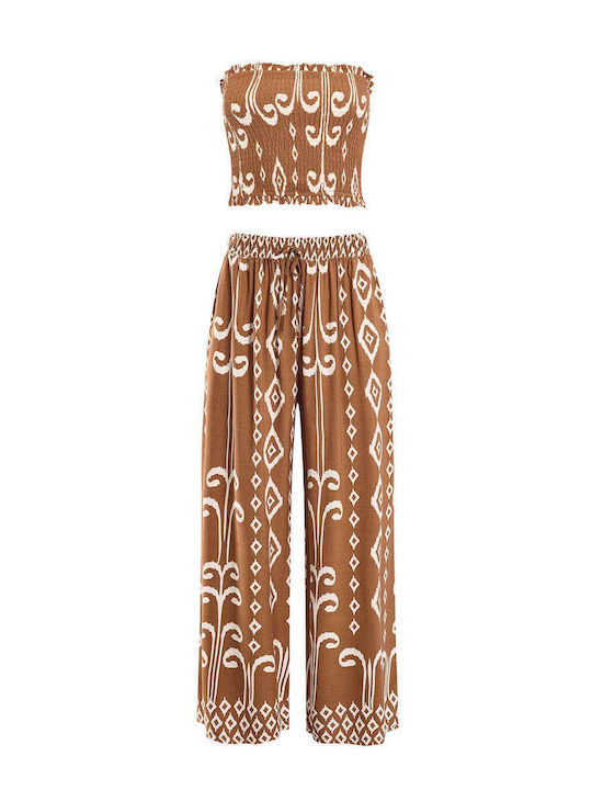 Celestino Set Strapless Top Pantaloni Dama Vâscoză Maro