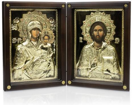 Christ And Virgin Mary Wooden Diptych Icon Gold Background 35 X 52 Cm