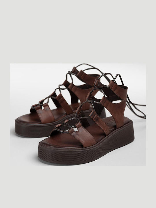 Leather Women's Gladiator Flatforms Brown Sandals