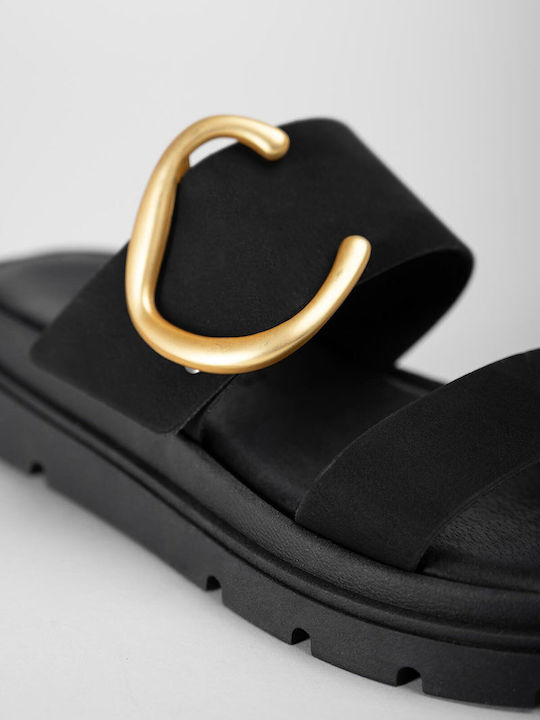 Sandale Casual Damă Flatforme Negre Din Piele