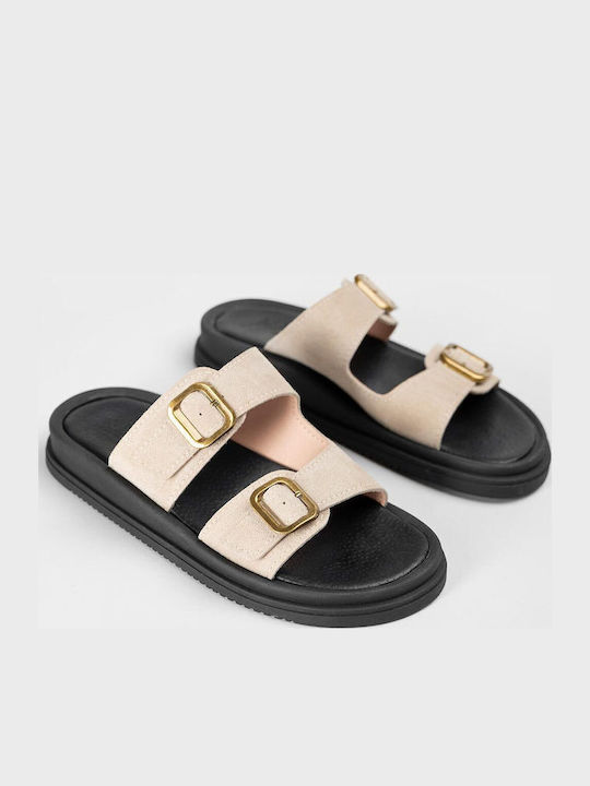 Leather Women's Flat Sandals Beige