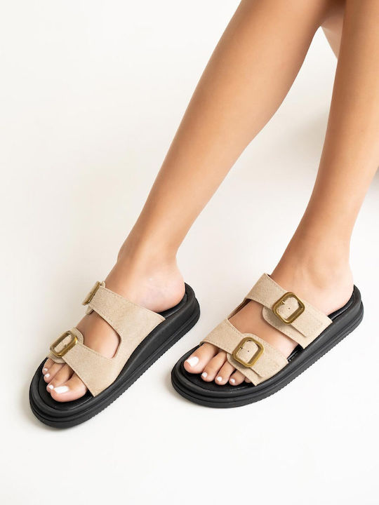 Leather Women's Flat Sandals Beige