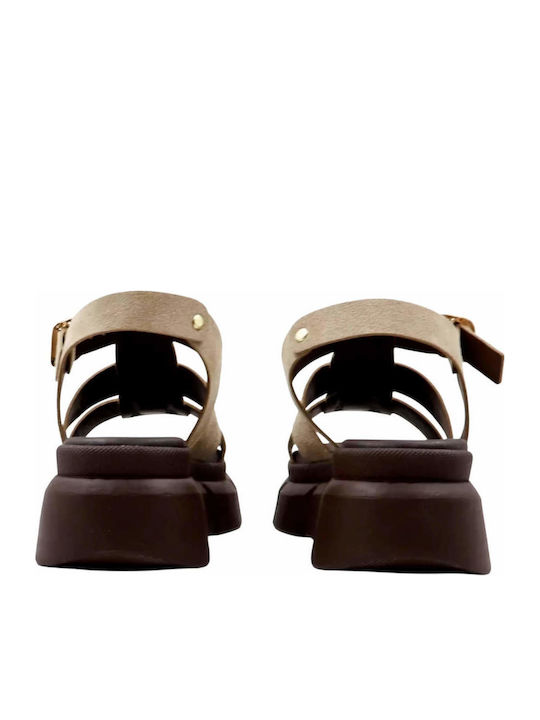 Δερμάτινα Γυναικεία Σανδάλια Flatforms Μπεζ