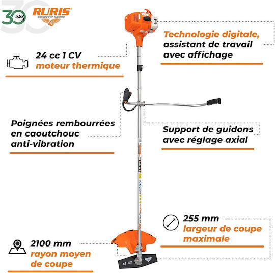 Ruris Rr240 Bravo – Tăietoare De Iarbă Pe Benzină 24 Cm³ 1 Cp Lățime De Tăiere 255 Mm Ax Flexibil 3.8 Kg