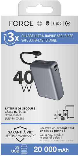 Force Power Power Bank 20000mAh 40W με Θύρα USB-A και Θύρα USB-C Grey