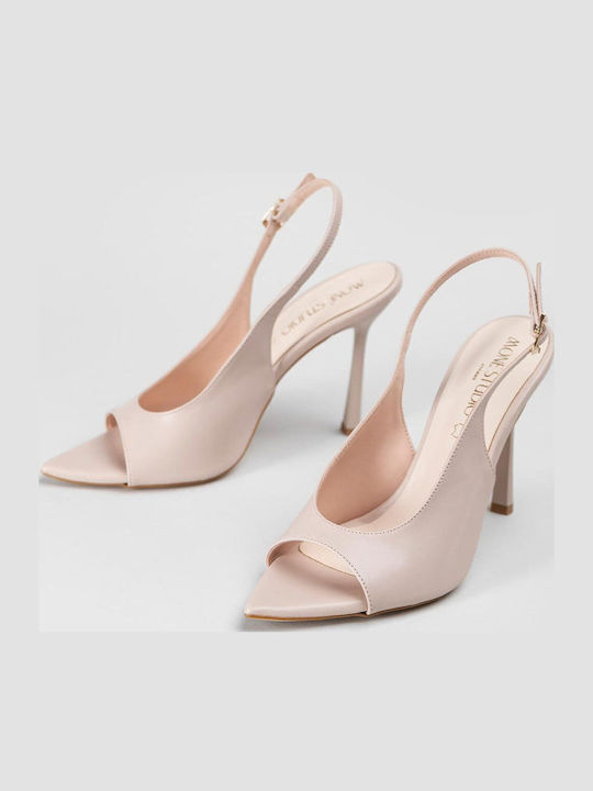 Leather Peep Toe Heels with Stiletto Heel Pink