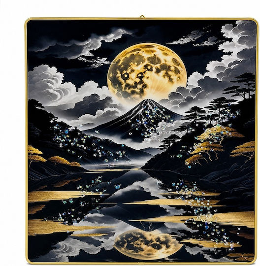 Moderner Dekorativer Gemälde Mount Fuji Vollmond 3D-Relief Kristalle Goldener Rahmen 40x30 cm