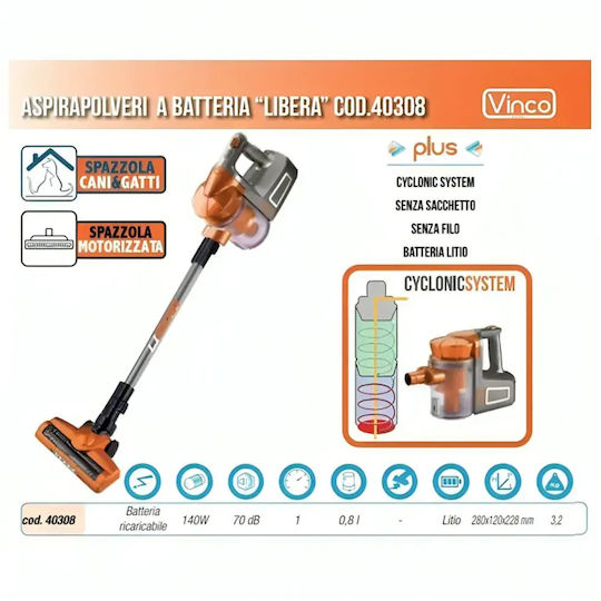 Vinco Акумулаторна Вертикална Прахосмукачка 22V Оранжева