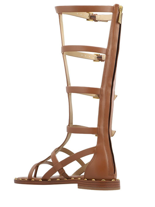 Leather Women's Flat Sandals Tabac Brown