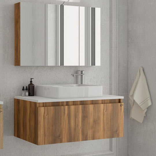 Drop Liberty 60 Waschtisch mit Waschbecken & Spiegel mit Licht Melamin Eiche