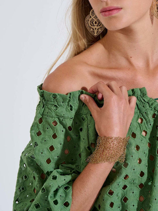 Bluză Damă Din Bumbac Off-Shoulder Cu Mânecă 3/4 Verde