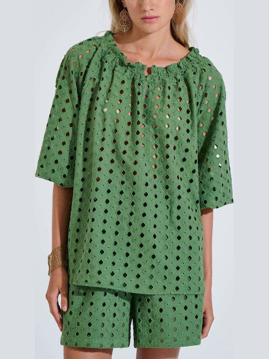 Bluză Damă Din Bumbac Off-Shoulder Cu Mânecă 3/4 Verde