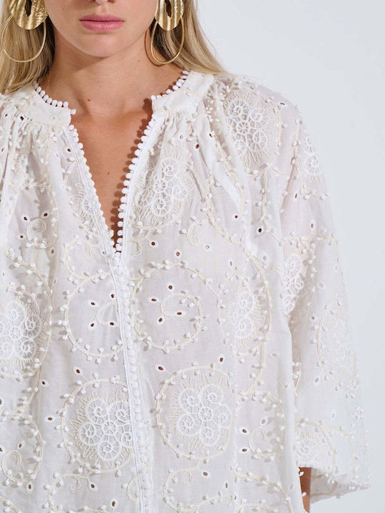 Damen Bluse Baumwolle mit 3/4 Ärmel & V-Ausschnitt Weiß