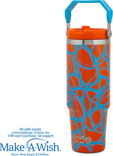 Nava We Care Becher mit Griff Thermosflasche Rostfreier Stahl 900ml Blau Print mit Stroh und Handgriff