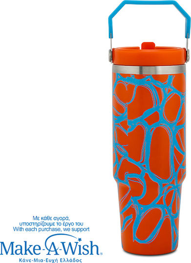 Nava We Care Becher mit Griff Thermosflasche Rostfreier Stahl 900ml Blau Print mit Stroh und Handgriff