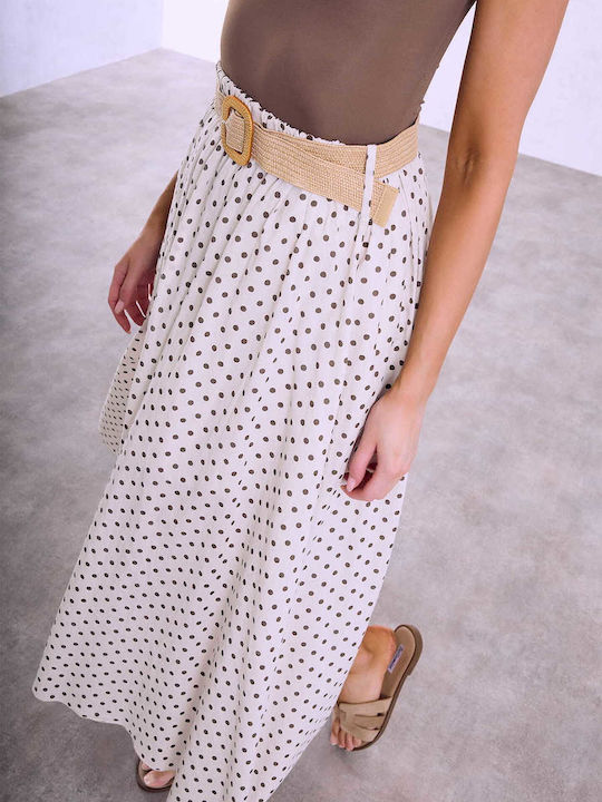 Celestino Women's Midi Polka Dot Skirt with Belt Beige
