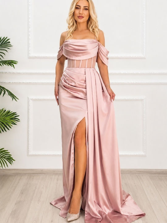 Sommer Abendkleid Slip Dress Satin Wickel mit Masche Rosa