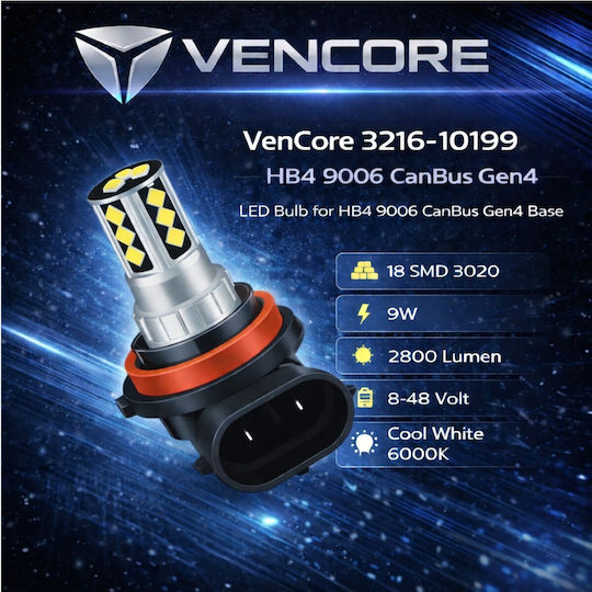 Vencore 3216-10199 Hb4 9006 Canbus Gen4 Λάμπα Led Βάση Hb4 9006 Canbus Gen4 18 Smd 3020 9w 2800 Lumen 8-48 Volt Ψυχρό Λευκό 6000k 3216-10199