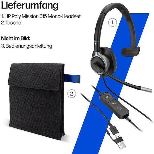 Poly Mission 615 On Ear Multimedia Ακουστικά με μικρόφωνο και σύνδεση USB-A / USB-C